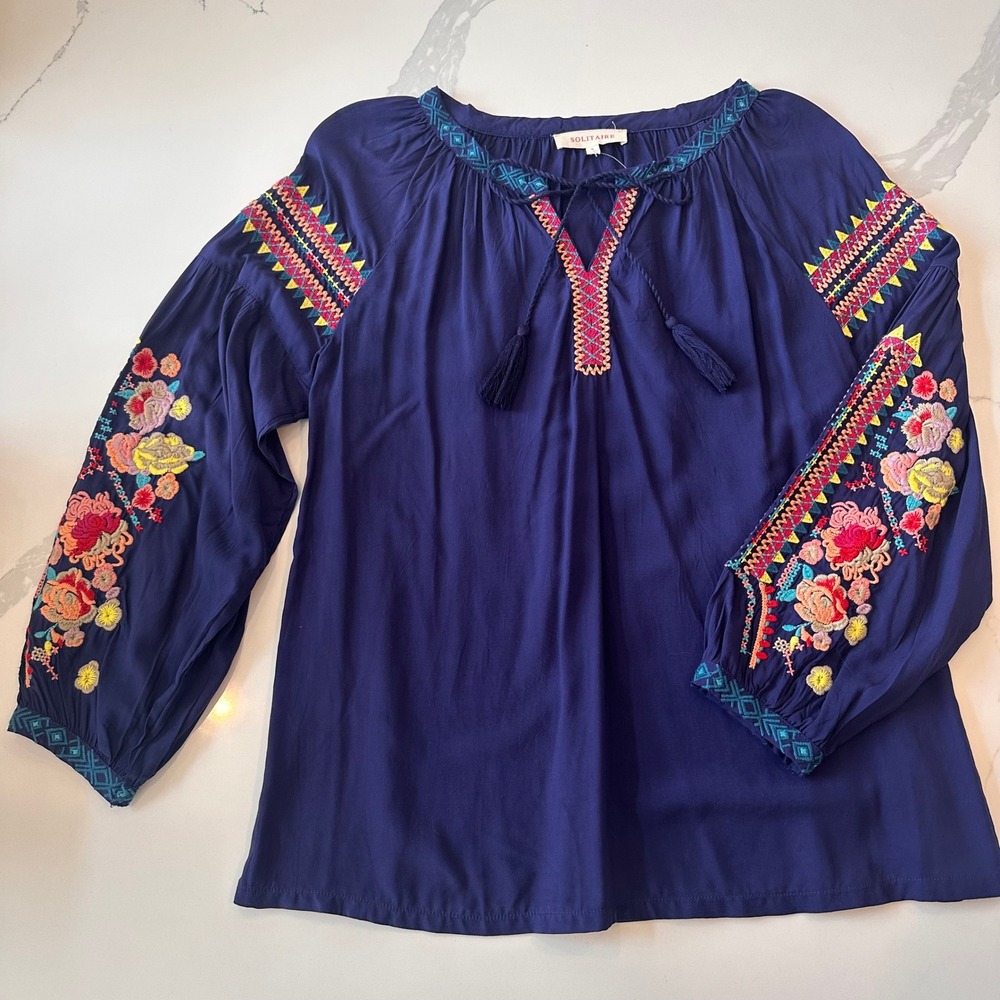 Solitaire Navy Blue Embroidered Peasant Blouse Tassel Tie Boho Top 17-2845 L
